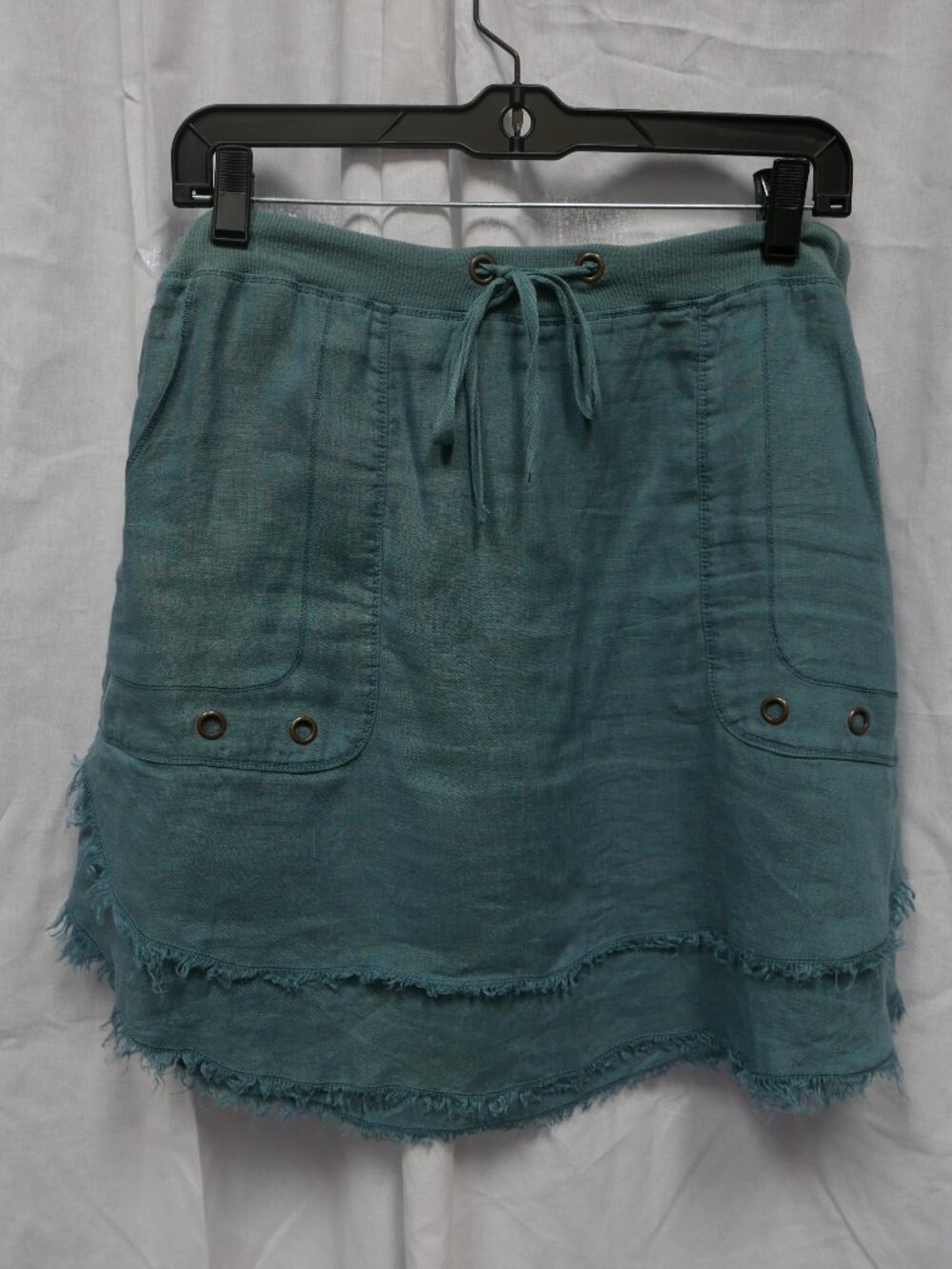 XCVI Blue/Green Linen Drawstring Pocket Skirt Raw Hem Size S